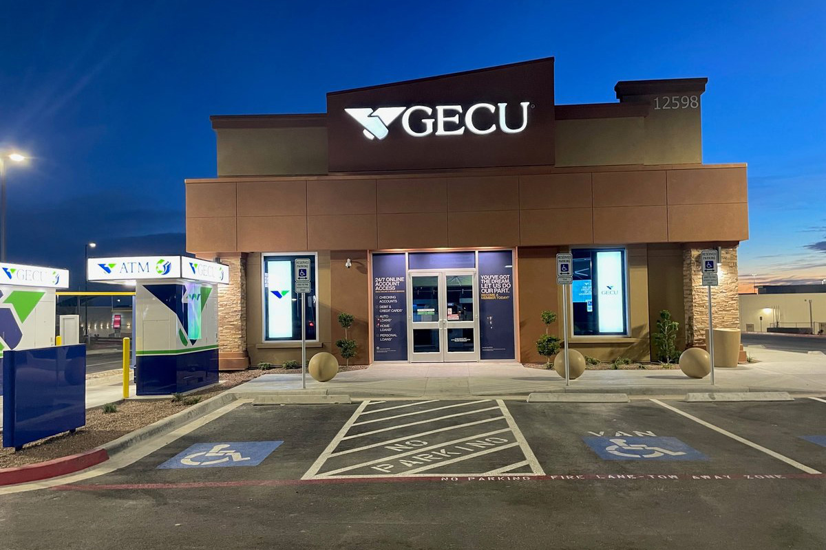 GECU branch exterior at night