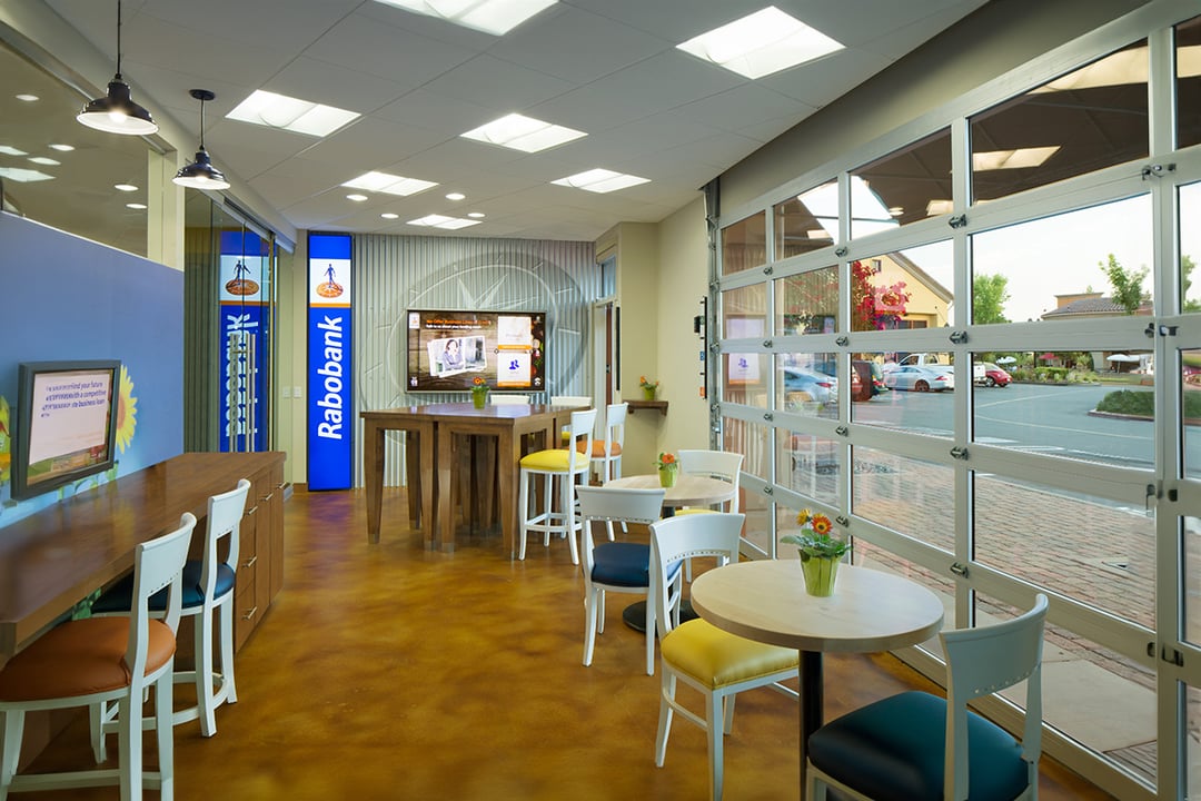 Seating area with digital signage on walls